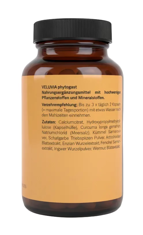 VELUVIA Phytogast 180 Kapseln – Pflanzliche Verdauungsformel mit Kurkuma, Fenchel & Enzian – Nahrungsergänzung