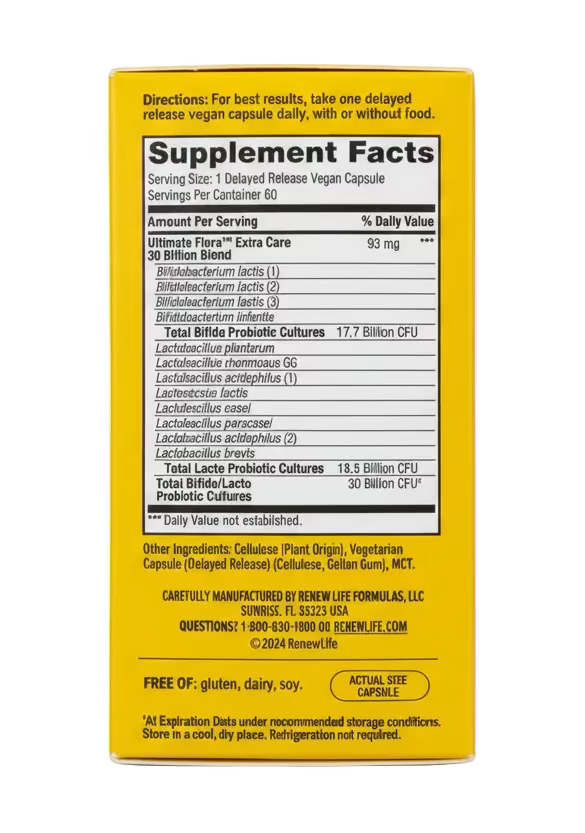 Ultimate Flora Extra Care Probiotic 30 Billion CFU – 60 Vegan Capsules | 12 Probiotic Strains