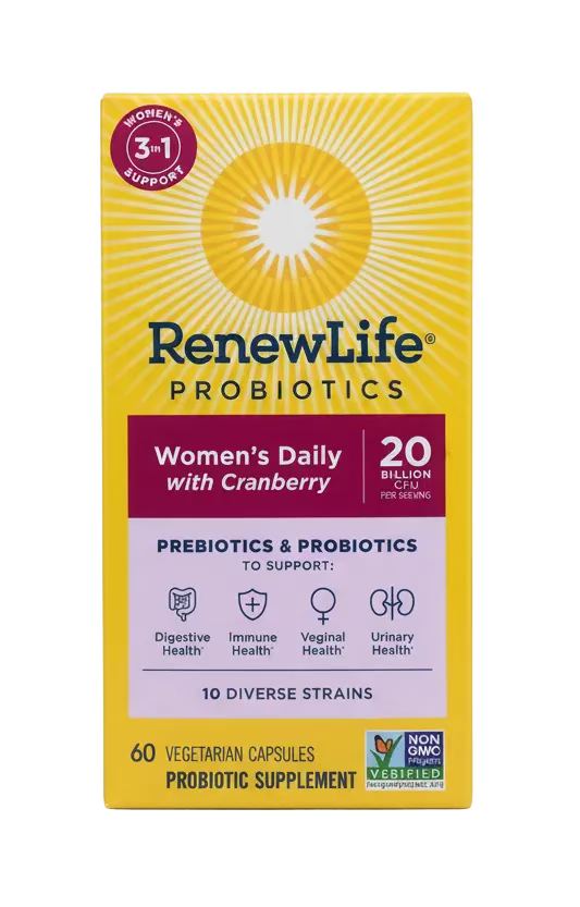 RenewLife Women’s Daily Probiotic mit Cranberry – 20 Milliarden KBE – 10 Stämme – Präbiotika & Probiotika – 60 vegetarische Kapseln