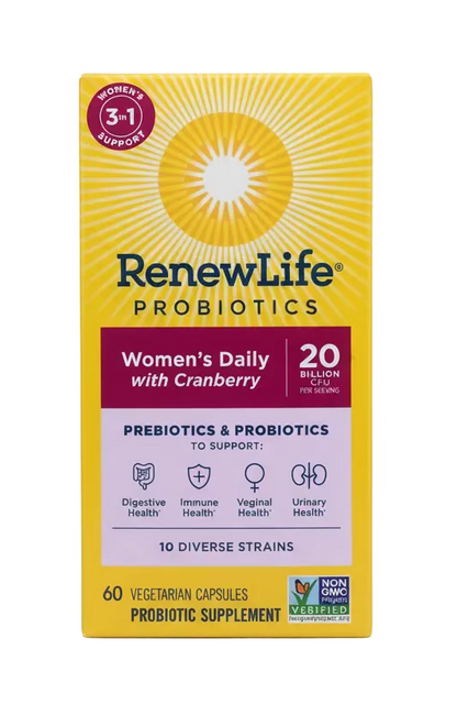 RenewLife Women’s Daily Probiotic mit Cranberry – 20 Milliarden KBE – 10 Stämme – Präbiotika & Probiotika – 60 vegetarische Kapseln